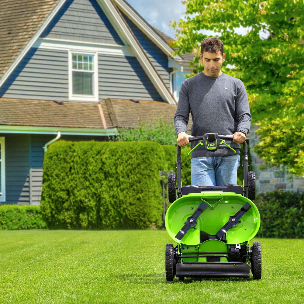 Greenworks 80V 25in Cordless Dual Blade Self Propelled Lawn Mower Kit with 4Ah Battery Charger 2541402 Acme Tools