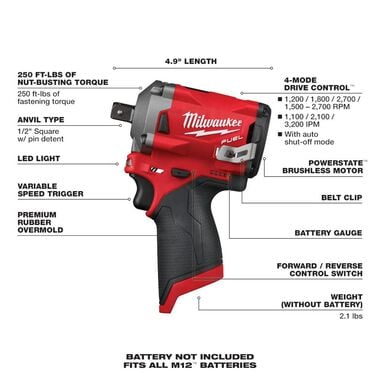 Milwaukee M12 FUEL Stubby 1/2 in. Pin Impact Wrench (Bare Tool), large image number 6