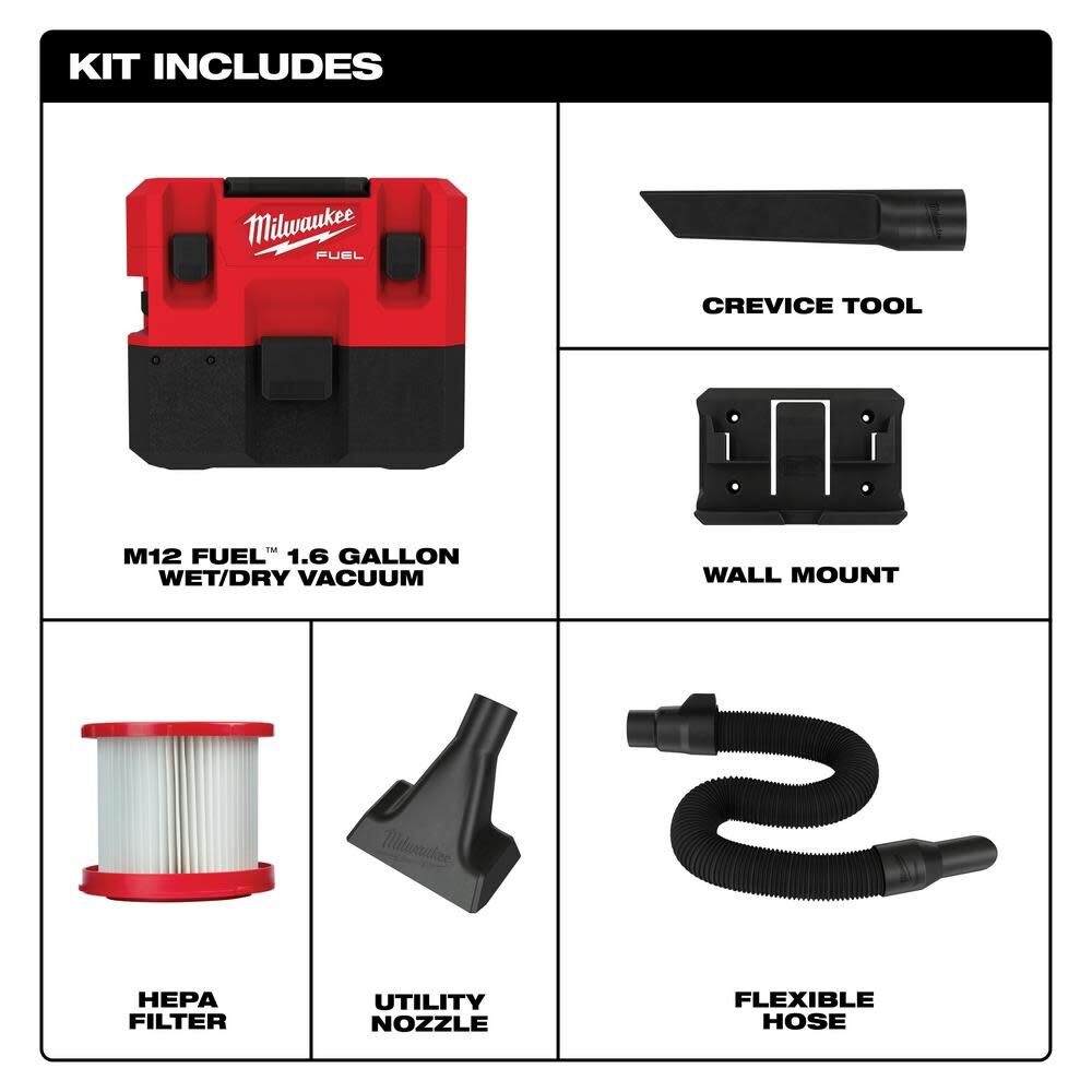 Milwaukee M12 FUEL 1.6 Gallon Wet Dry Vacuum Bare Tool 0960 20