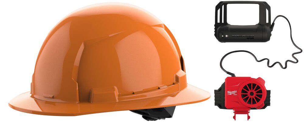 Milwaukee BOLT Orange Full Brim Hard Hat with 4pt Ratcheting Suspension Type 1 Class E & USB Cooling Fan Bundle, large image number 1