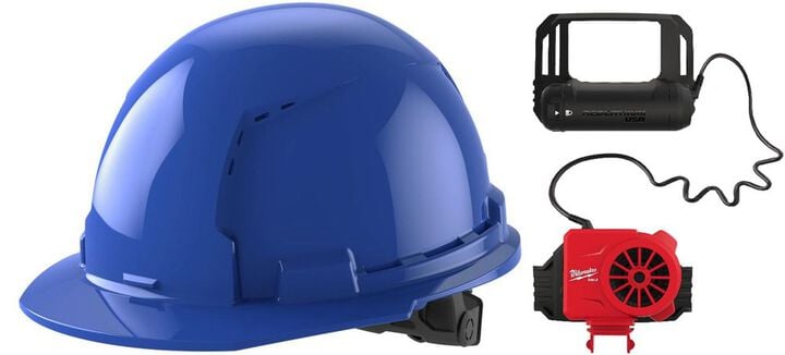 Milwaukee Blue Front Brim Vented Hard Hat with 6pt Ratcheting Suspension Type 1 Class C & BOLT USB Cooling Fan Bundle