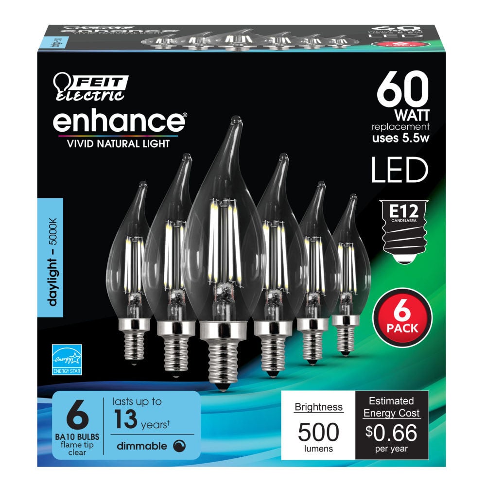 Feit Electric 60W CA10 5000K Dimmable Flame Tip LED Bulb 6pk, large image number 2