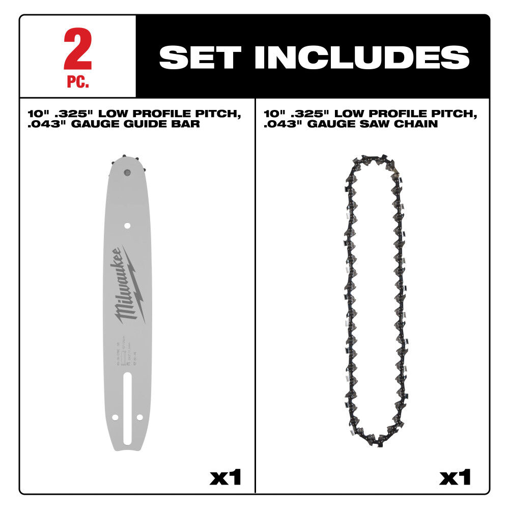 Milwaukee 10 Inch .325 Inch LOW PROFILE Pitch, .043 Inch Gauge Saw Chain and Guide Bar Set, large image number 2