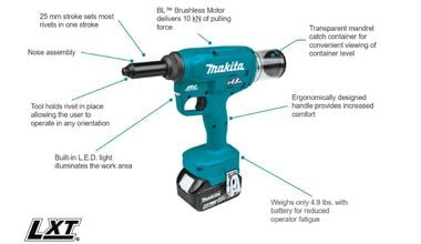 Makita 18V LXT Lithium-Ion Brushless 3/16in Cordless Rivet Tool (Bare Tool), large image number 1