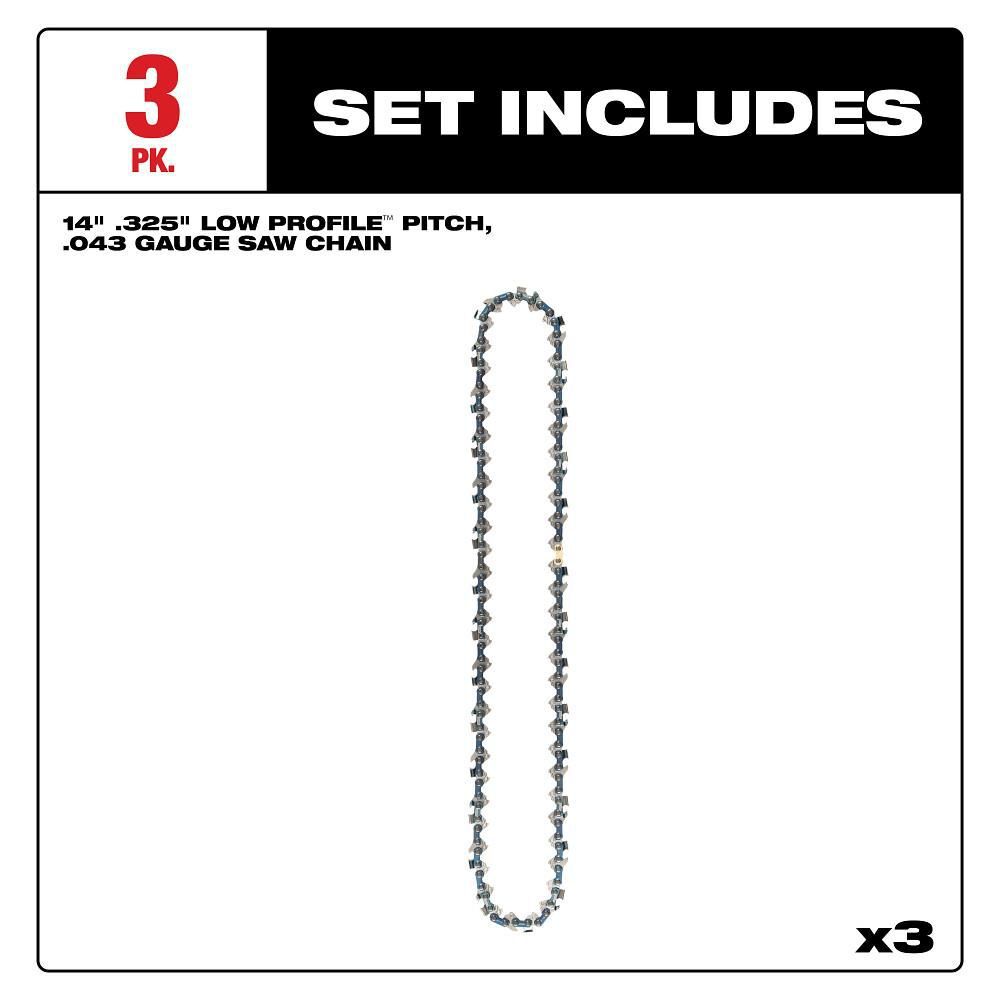 Milwaukee 14 Inch .325 Inch LOW PROFILE Pitch, .043 Inch Gauge Saw Chain, 3 Pack, large image number 2