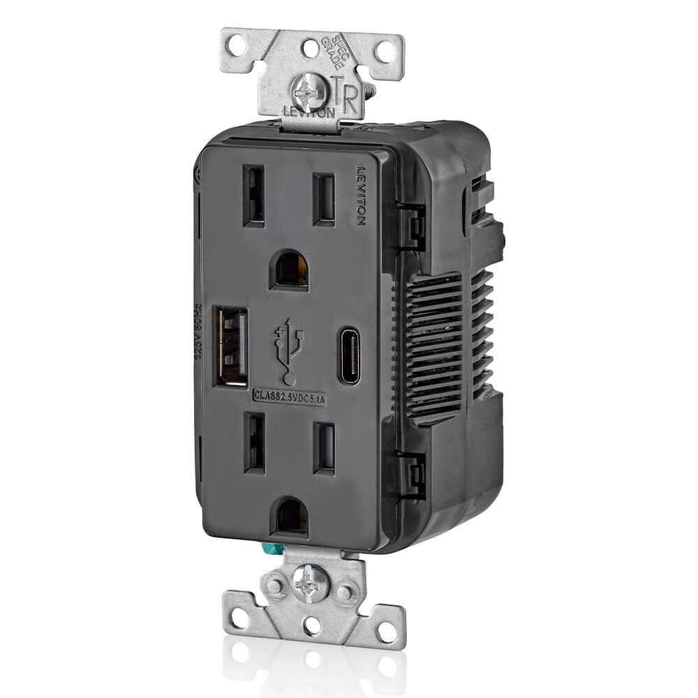 Leviton 15A 125V 5-15R Black Outlet with USB Type A/C Charger, large image number 2