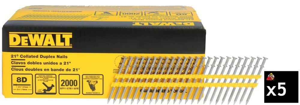 DEWALT 21 Degree Collated Duplex Nails 8D 2-3/4 Inch x 0.131 Inch 2000 Pieces Pack of 5 Bundle – DEW000011440