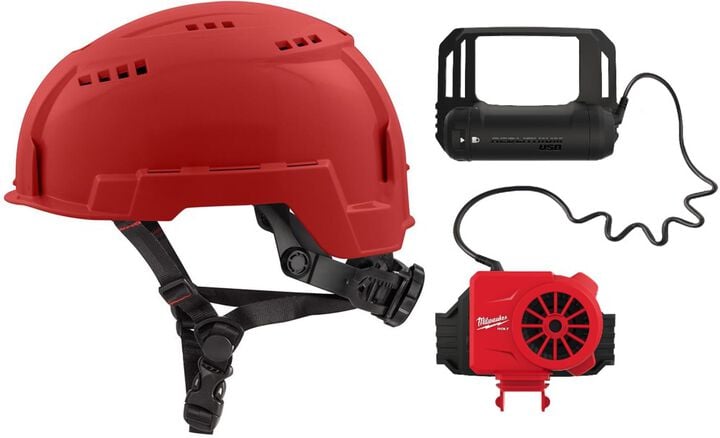 Milwaukee BOLT Red Vented Helmet Class C & USB Cooling Fan Bundle, large image number 0