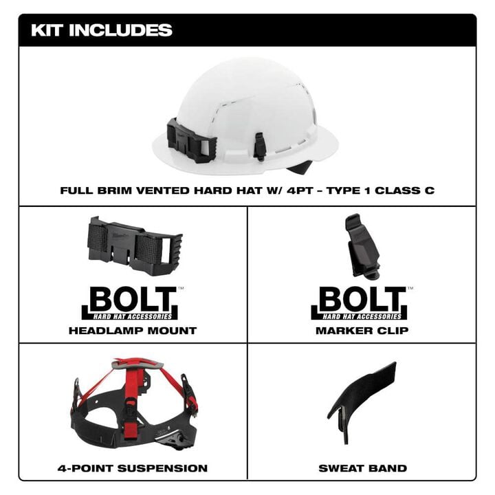 Milwaukee White Full Brim Vented Hard Hat with 4pt Ratcheting Suspension Type 1 Class C, large image number 2