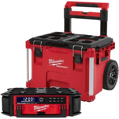 Milwaukee M18 PACKOUT Radio + Charger with PACKOUT Rolling Tool Box Bundle
