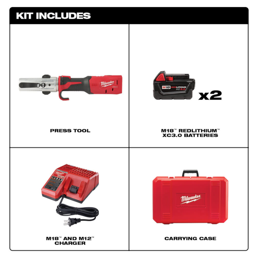 Milwaukee M18 FORCE LOGIC Long Throw Press Tool Kit with 1/2 Inch - 4 Inch IPS-P Pivoting Press Ring Kits Bundle, large image number 2