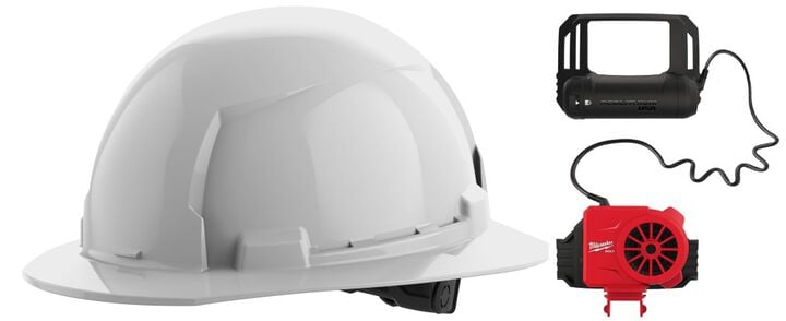 Milwaukee BOLT White Full Brim Hard Hat with 6pt Ratcheting Suspension Type 1 Class E & USB Cooling Fan Bundle