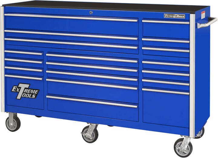 Extreme Tools RX Series 72 Inch W x 25 Inch D 19 Drawer Triple Bank Roller Cabinet 150 lb Slides Blue with Chrome Drawer Pulls, large image number 1
