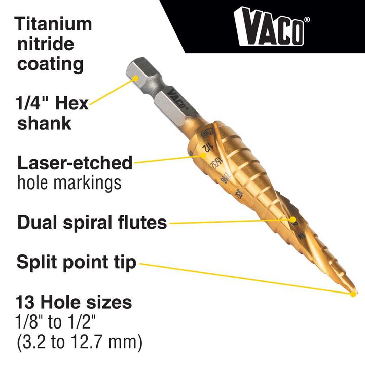 Klein Tools 1/8in to 1/2in Step Drill Bit VACO, large image number 1