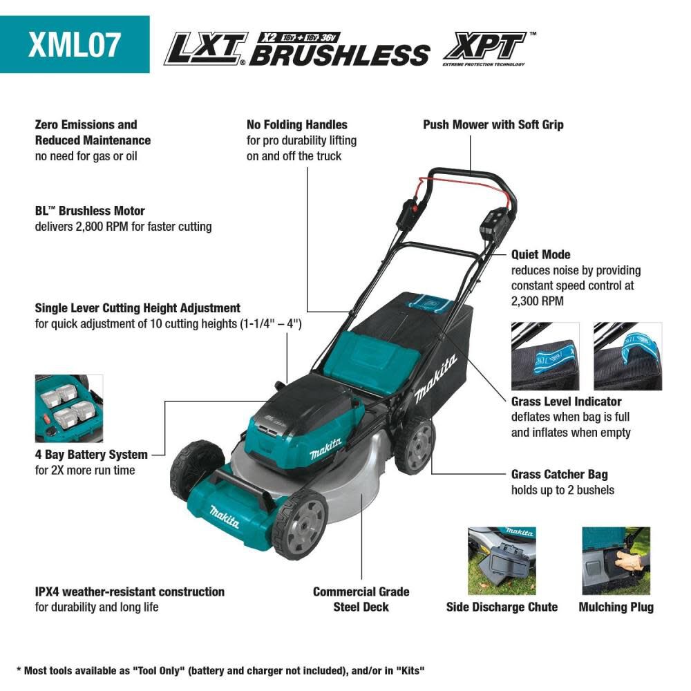 Makita 18V X2 36V LXT LithiumIon Brushless Cordless 21in Lawn Mower Bare Tool XML07Z Acme Tools