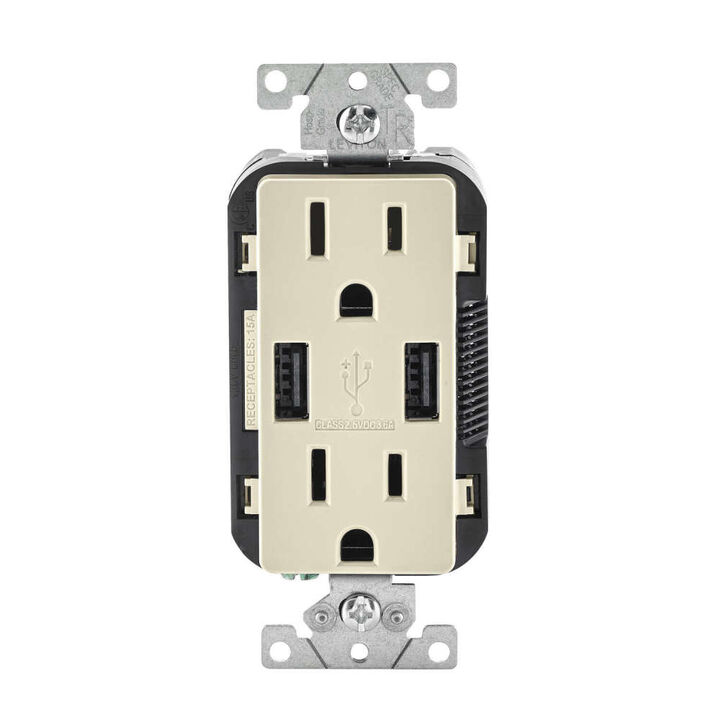Leviton Decora 5-15R Outlet & USB Charger 15A 125V Light Almond, large image number 1