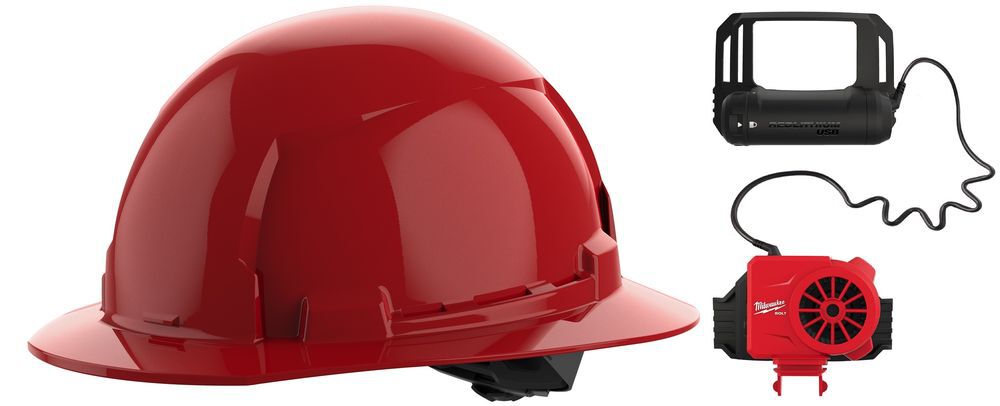 Milwaukee BOLT Red Full Brim Hard Hat with 4pt Ratcheting Suspension Type 1 Class E & USB Cooling Fan Bundle, large image number 1