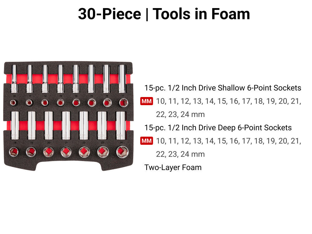 Tekton 1/2 Inch Shallow and Deep 6 Point Sockets, Drawer, 10 - 24 mm, 30 Pieces, large image number 3