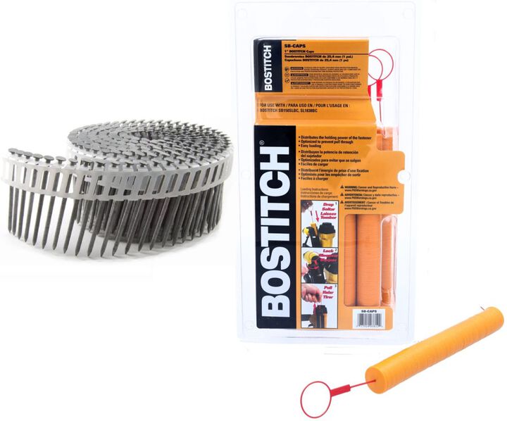 Acme Tools B&C Eagle 2 Inch x .092 Plastic Collated Hot Dipped Galvanized Ring Shank Coil Siding Nails 6,000 Piece & Bostitch 6,000 Piece Stapler And Nailer Cap Bundle