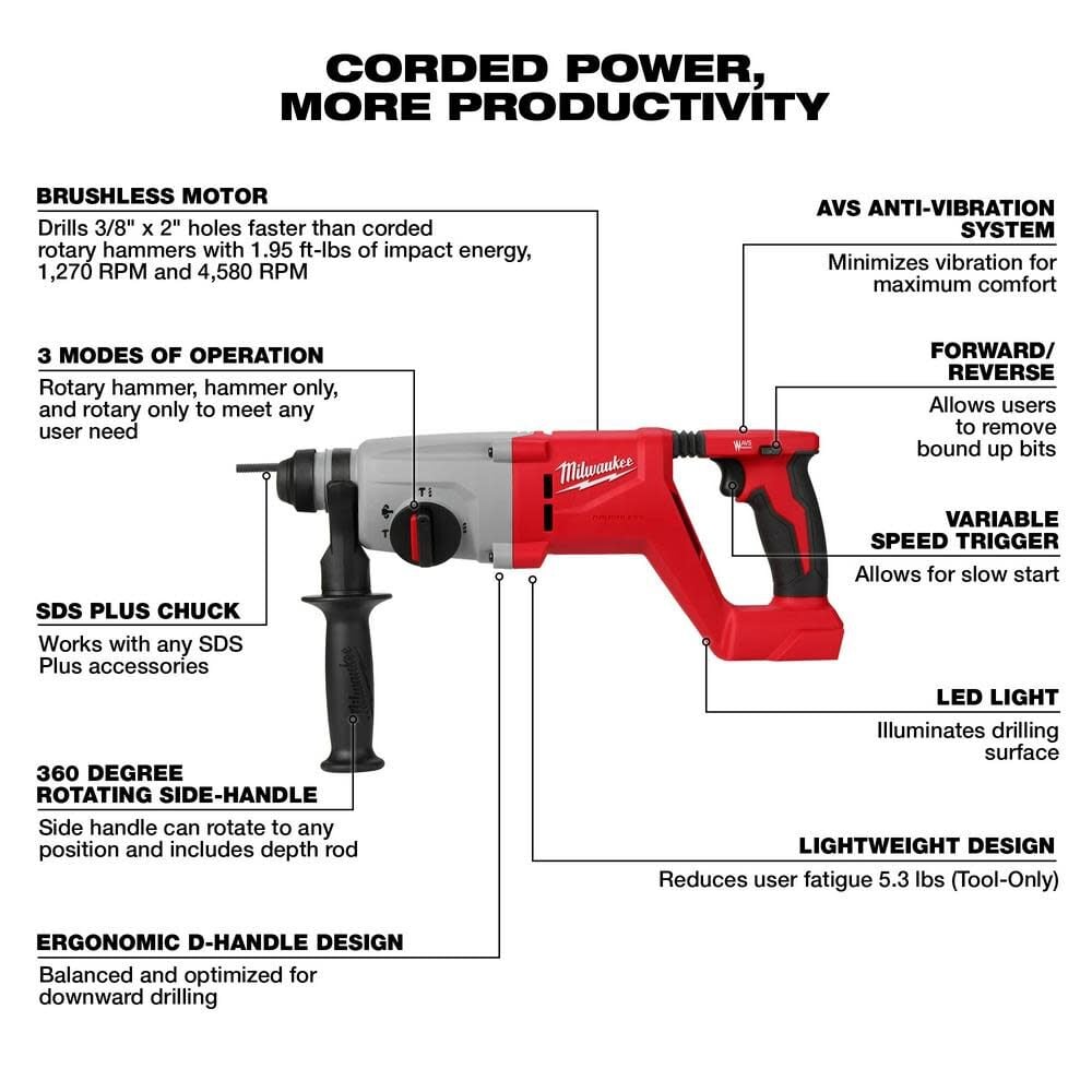 Milwaukee M18 Rotary Hammer 1 Sds Plus D Handle Bare Tool 2613 20 - Image 3