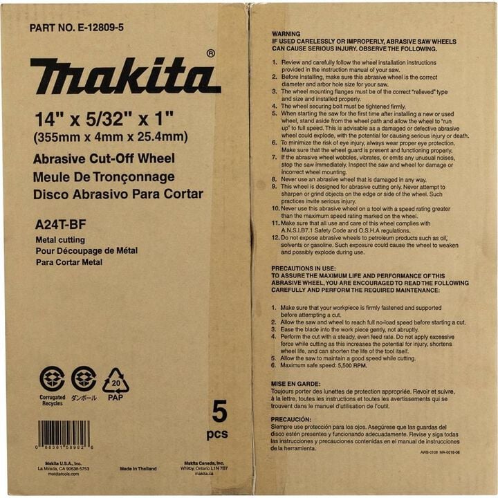 Makita 14in x 5/32in x 1in Abrasive CutOff Wheel 5pk, large image number 3