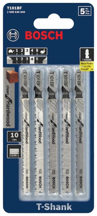 Bosch 5 pc. 4 In. 10 TPI Variable Pitch Clean for Hardwood T-Shank Jig Saw Blades, large image number 0