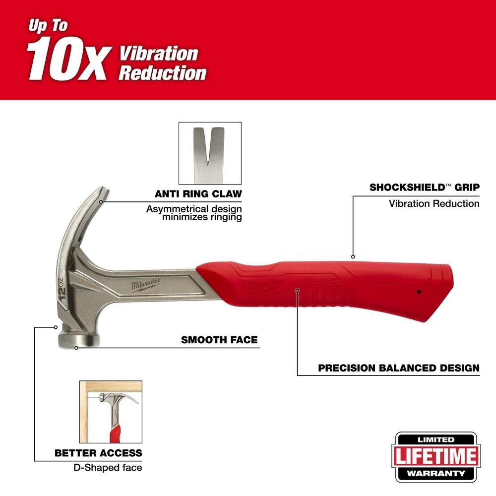 Milwaukee 12oz Smooth Face Hybrid Claw Finish Hammer 48-22