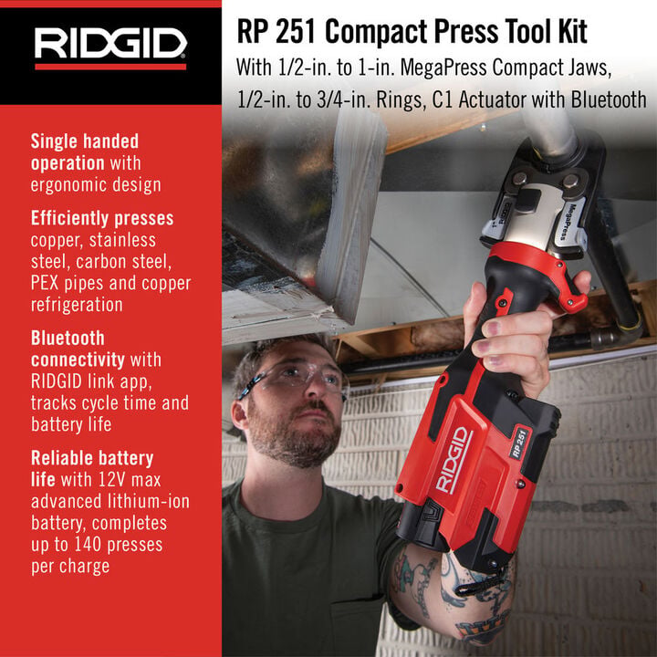 Ridgid RP 251 Press Tool Battery Kit (1/2 Inch-1 Inch) MegaPress Jaws and (1/2 Inch-3/4 Inch) Rings with C1 Actuator, large image number 1