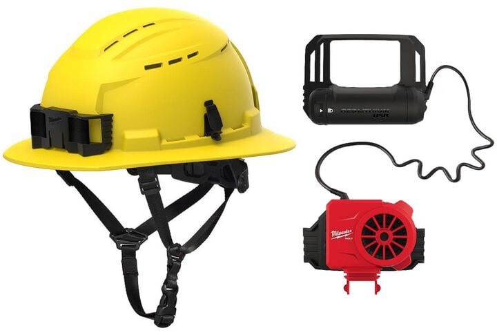 Milwaukee BOLT Yellow Full Brim Vented Safety Helmet Type 2 Class C & Cooling Fan Bundle