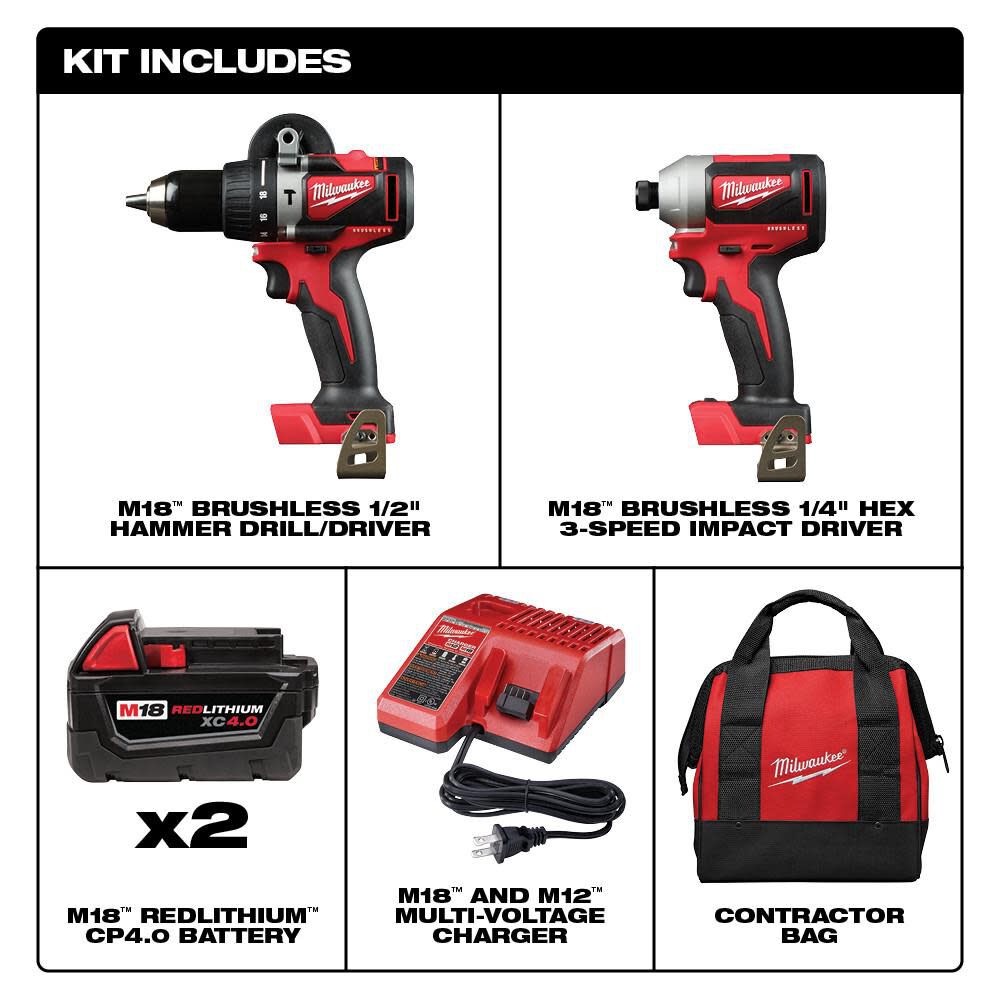 Milwaukee M18 Brushless Hammer Drill Impact Combo Kit 2893 22