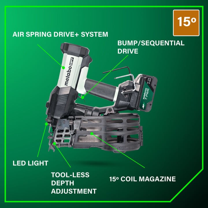 Metabo HPT Cordless Pneumatic 18V 15 Degree Coil Wire Collated Framing Nailer Kit, large image number 6