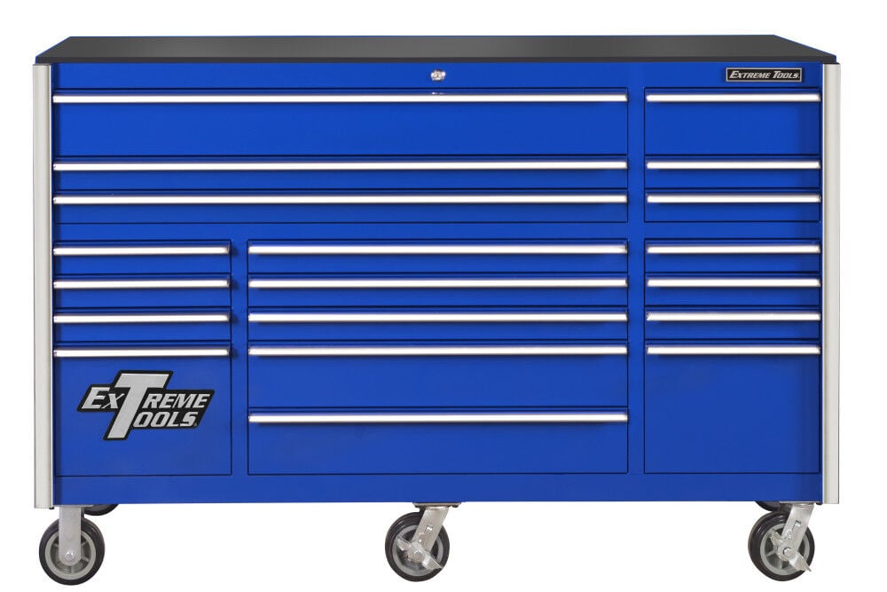 Extreme Tools RX Series 55 Inch W x 25 Inch D 12 Drawer Roller Cabinet 150 lbs Slides Blue with Chrome Drawer Pulls and Trim, large image number 1