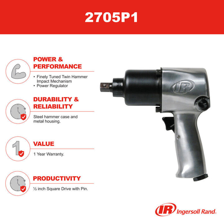 Ingersoll Rand 1/2 Inch Pistol Pin Air Impact Wrench 600 Ft-Lb, large image number 2