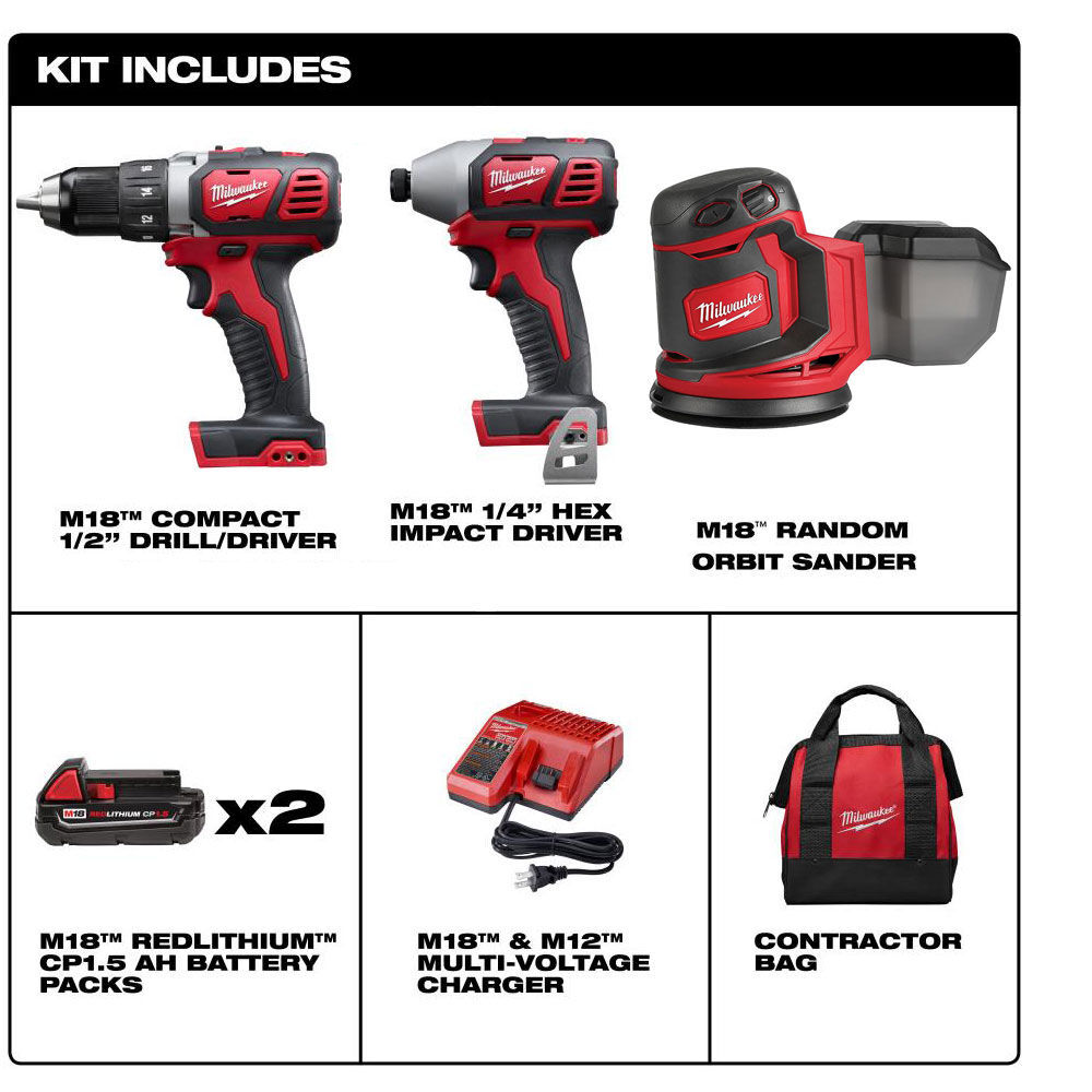 Milwaukee M18 Drill Driver, Impact Driver, Random Orbit Sander 3pc Combo Kit, large image number 2