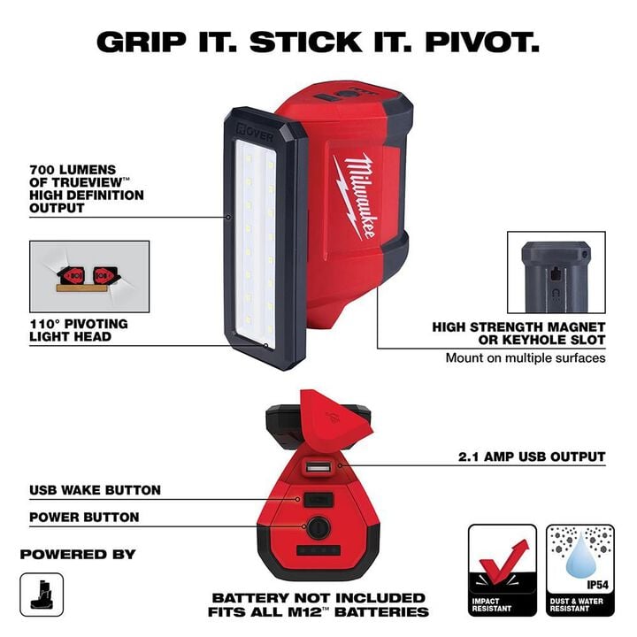 Milwaukee M12 ROVER Service & Repair Flood Light with USB Charging (Bare Tool), large image number 1