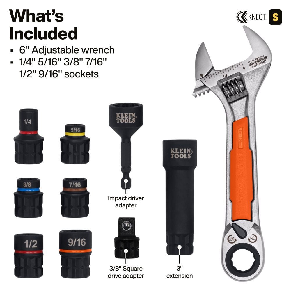 Klein Tools KNECT 6 Inch Adjustable Wrench with Pass-Through Ratchet Set 10 Pieces, large image number 10