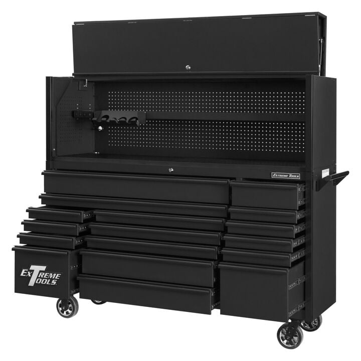 Extreme Tools DX Series 72 Inch W x 21 Inch D Extreme Power Workstation Hutch and 17 Drawer Roller Cabinet Combo Matte Black with Black Drawer Pulls, large image number 4
