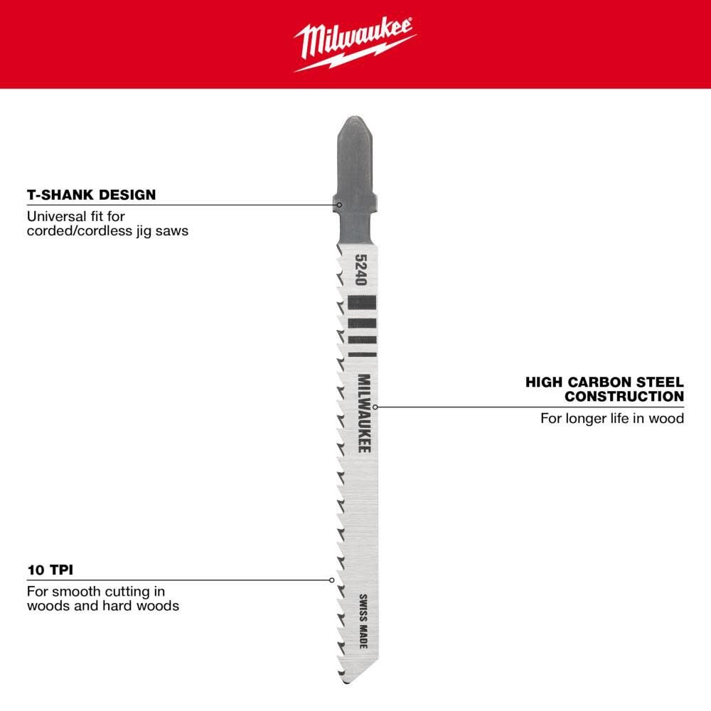 Milwaukee 4in 10TPI T-Shank Wood High Carbon Steel Jigsaw Blades 5pk, large image number 4