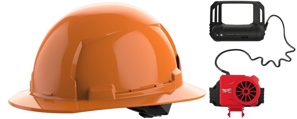 Milwaukee BOLT Orange Full Brim Hard Hat with 4pt Ratcheting Suspension Type 1 Class E & USB Cooling Fan Bundle, large image number 1