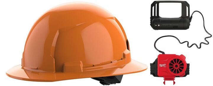 Milwaukee BOLT Orange Full Brim Hard Hat with 4pt Ratcheting Suspension Type 1 Class E & USB Cooling Fan Bundle