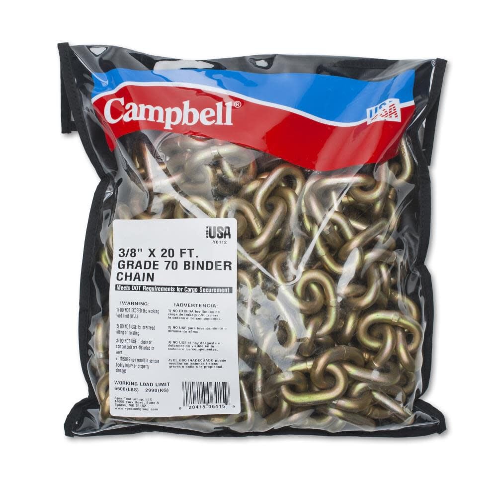 Campbell 3/8 x 20 Ft. Grade 70 Binder Chain with Clevis Grab Hooks 1 Per Bagin – T0513698