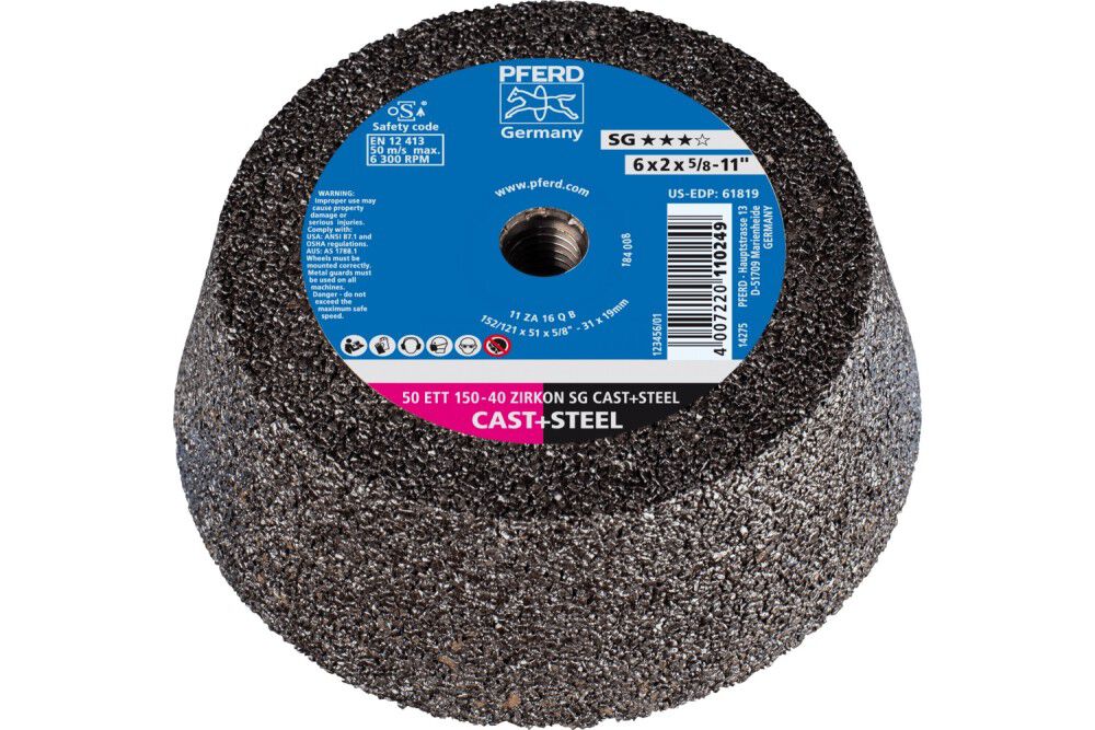 Pferd Cup Wheel, 6 Inch x 4-3/4 x 5/8-11, SG STEEL+CAST, T11, Zirconia, Z, large image number 1