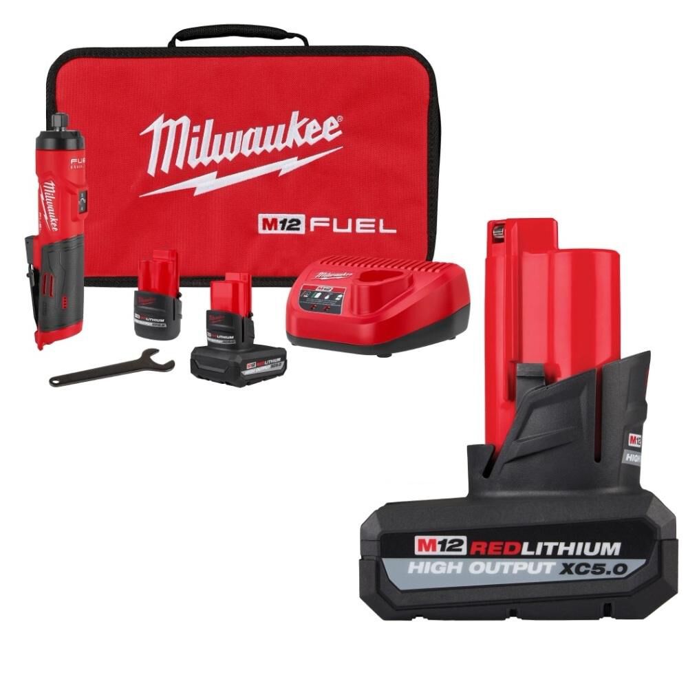 Milwaukee M12 FUEL 1/4 Inch Die Grinder Kit and M12 REDLITHIUM XC 12V 5Ah Lithium Ion Power Tool Battery Pack Bundle, large image number 1