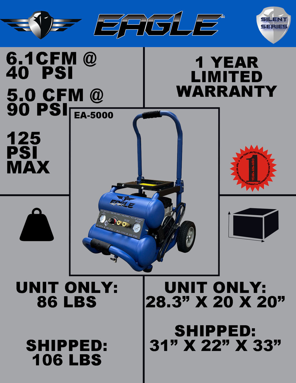 Eagle Compressor Silent Series 5.5 Gallon Electric Air Compressor, large image number 5