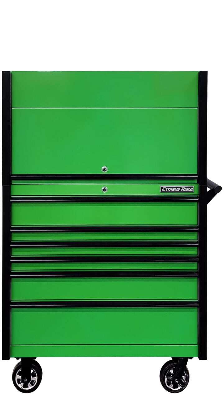 Extreme Tools DX Series 41 Inch W x 25 Inch D Extreme Power Workstation Hutch & 6 Drawer Roller Cabinet Green with Black Handles Trim