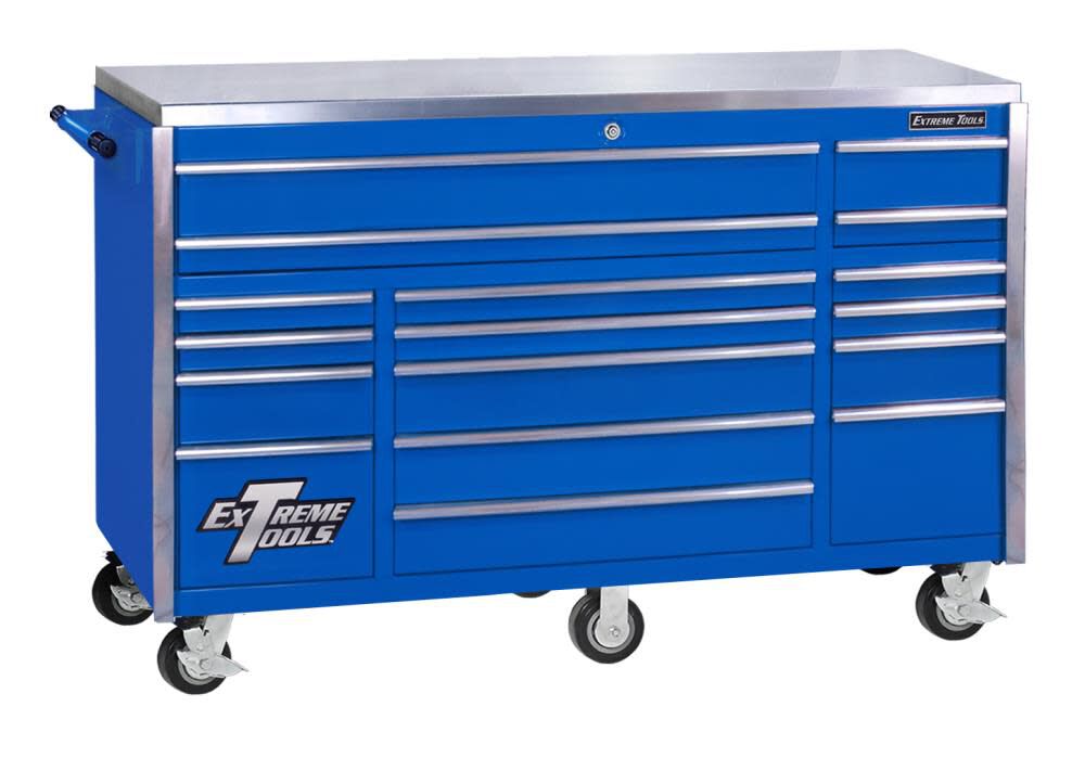 Extreme Tools 72 In. 17 Drawer Triple Bank Professional Roller Cabinet – Blue – EX7217RCBL