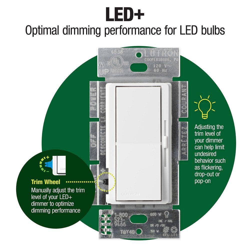 Lutron Diva LED+ 150W 120V 1P Gloss White 3-Way Paddle Dimmer Switch, large image number 5