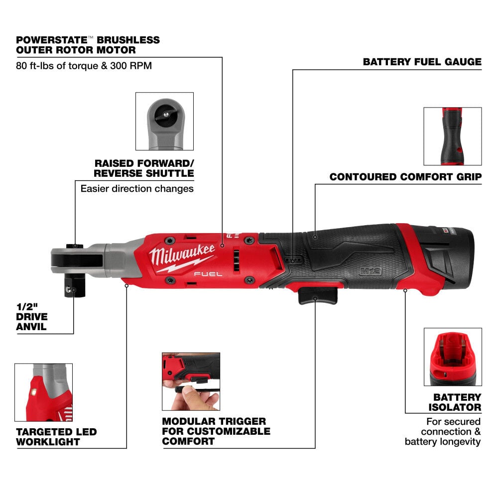Milwaukee M12 FUEL 1/2 Inch Ratchet Kit, large image number 4