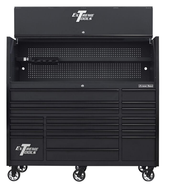 Extreme Tools RX Series 72 Inch W x 25 Inch D Professional Extreme Power Workstation Hutch & 19 Drawer Roller Cabinet 150 lbs Slides Combo Matte Black with Black Drawer Pulls