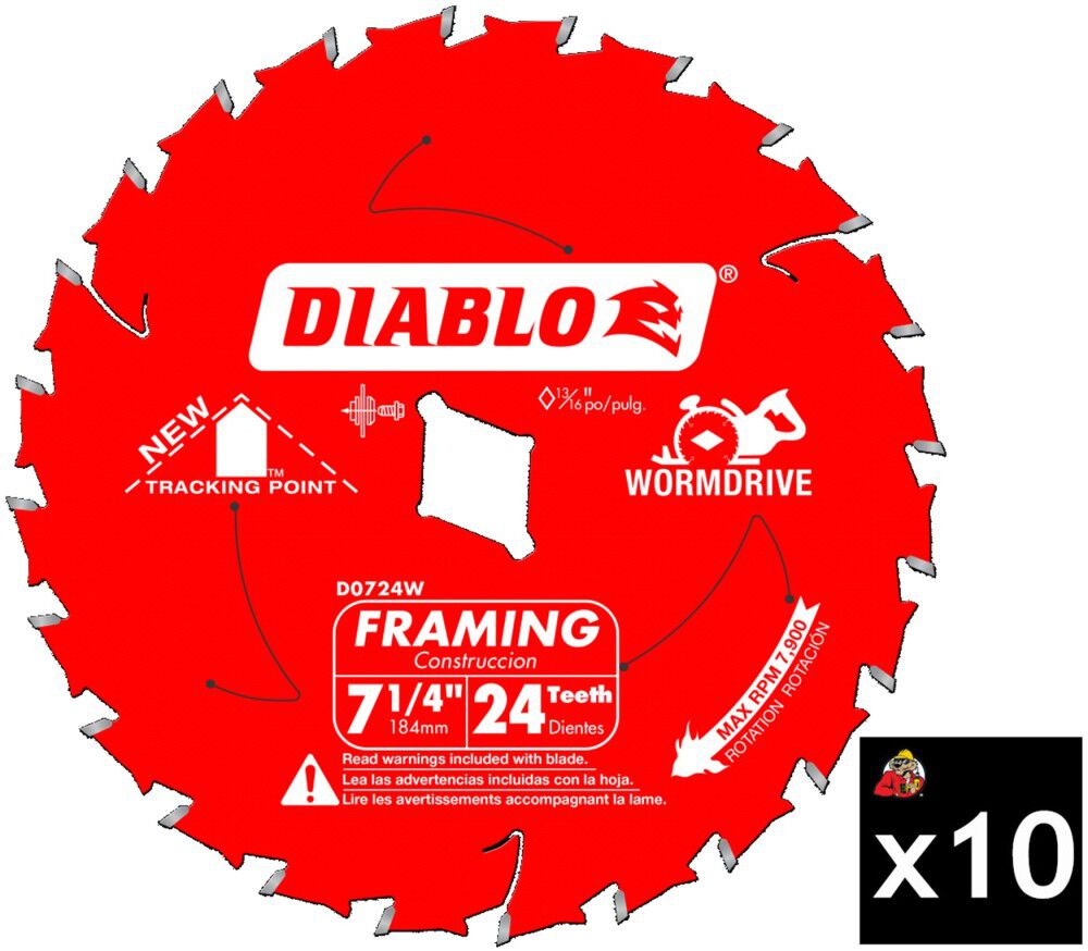 Diablo Tools 7-1/4 inch x 24 Tooth ATB Framing Wormdrive Circular Saw Blade with Diamond Arbor 10 Pack, large image number 1